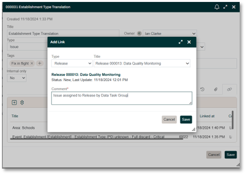 Item Add Existing Link dialog