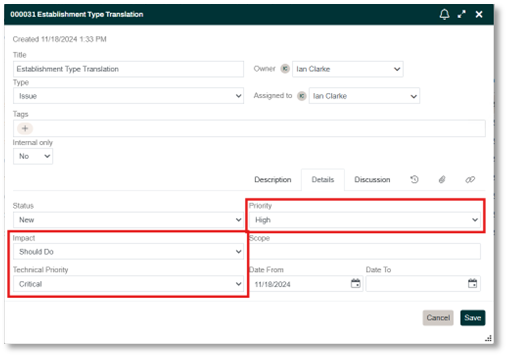Item Details Priority and Impact