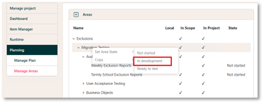 Area State Context menu