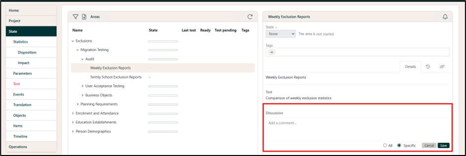 Test Area Details tab