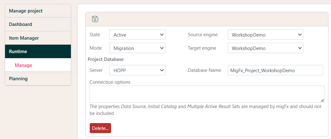 Manage Runtime screen