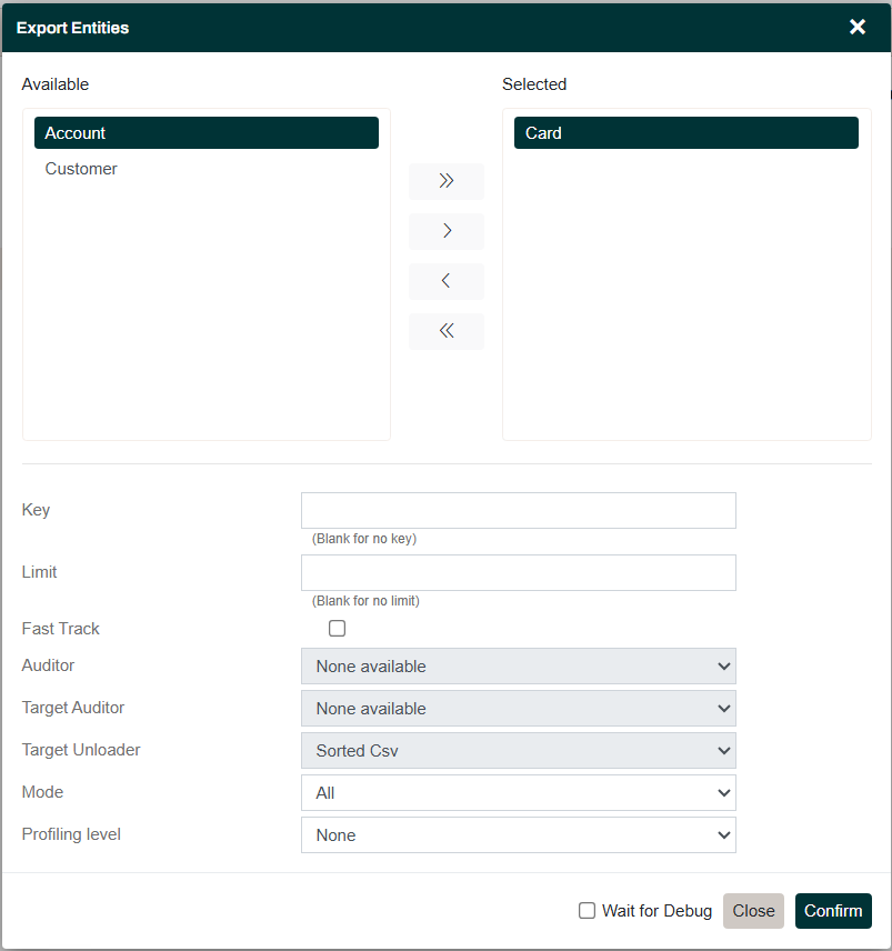 Export entities dialog