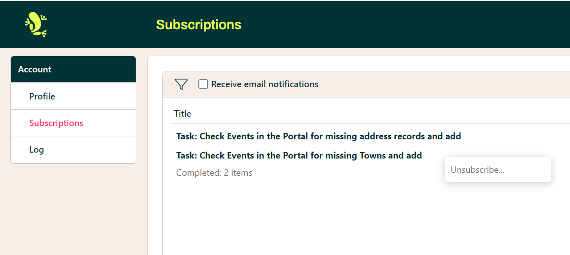 Subscriptions Context menu